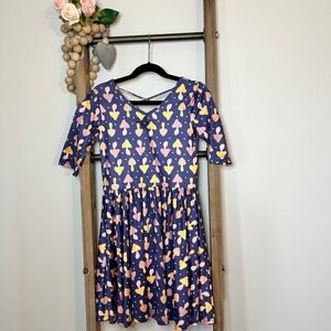 Dot Dot Smile Blue Mushroom Print Twirl Dress Size 7 3/4 Sleeve Criss Cross Back